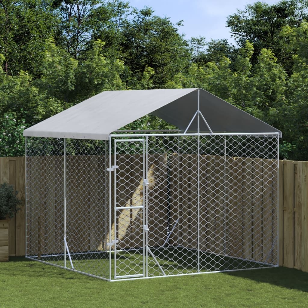 Outdoor Dog Kennel with Roof Silver 9.8'x9.8'x8.2' Galvanized Steel Outdoor Dog Kennel with Roof Silver 9.8'x9.8'x8.2' Galvanized Steel