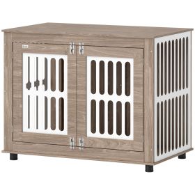 39 Dog Crate Furniture With 2 Doors, Adjustable Non-slip Foot Mats, For Large Dogs, Walnut Brown (Color: Brown)