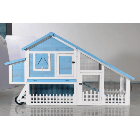 76 Wooden Rabbit Hutch Bunny Cage With Waterproof Asphalt Roof, Fun Outdoor Run, Removable Tray And Ramp, Light Blue (Color: Blue)