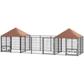 Large Outdoor Dog Kennel With 2 Rooms, Rotating & Adjustable Height Bowls, Waterproof & UV-Resistant Canopy (Color: Black)