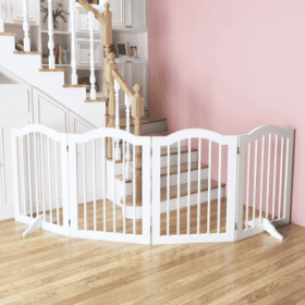 27.6 Height Tall Freestanding Pet Gate, 4 Panels Foldable Dog Gate, Solid Wood Folding Safety Fence Wooden Dog Gate With 2 Pcs Support Feet Ideal (Color: White)