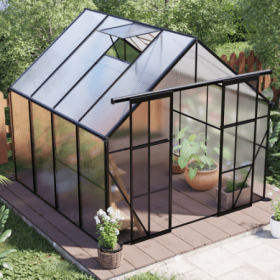 8x8 FT Double Door Polycarbonate Greenhouse Raised Base And Anchor Aluminum Heavy Duty Walk-in Greenhouses For Outdoor Backyard In All Season (Color: Black)
