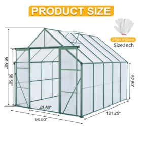 Double Door Polycarbonate Greenhouse Raised Base And Anchor Aluminum Heavy Duty Walk-in Greenhouses For Outdoor Backyard In All Season (Option: Green-8x10FT)